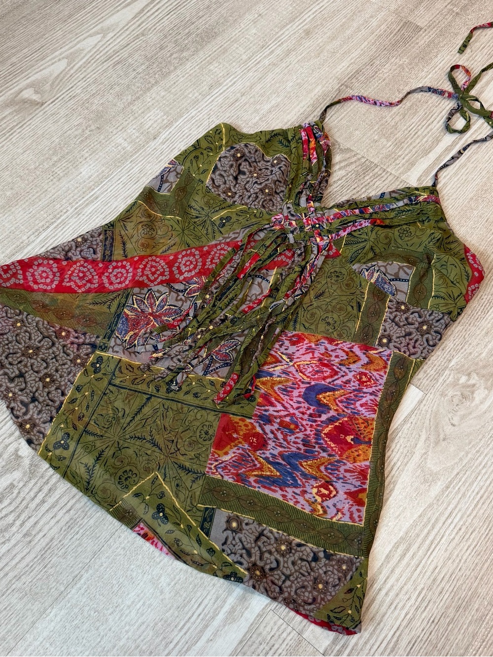 Vintage Y2K Charlotte Russe Boho Patchwork Olive Green & Red Tank